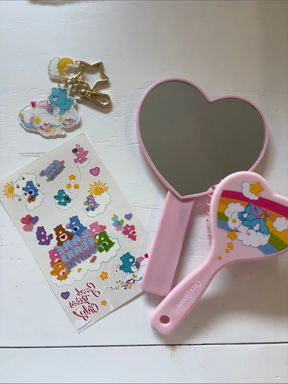 Care Bears Pink Heart Mirror and Brush Set with Rainbow Design